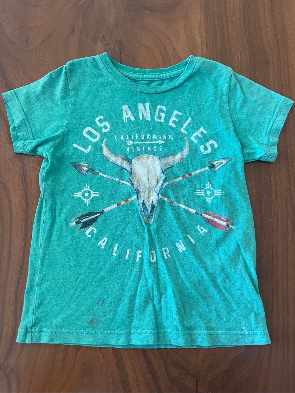 Californian Vintage- Turquoise 'Los Angeles California' Kids Tee. Flaw noted